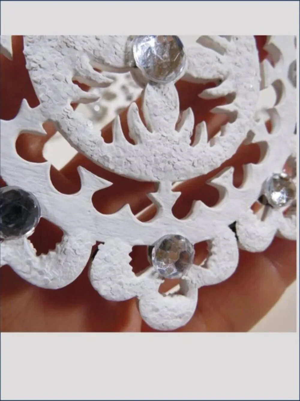 White Wood Snowflake Ornaments Set 6 Rhinestone Double Sided Hand Painted